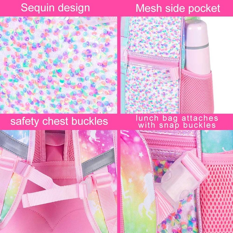 UFNDC 3PCS Unicorn Backpack for Girls, 16”Kids Sequin Bookbag with
