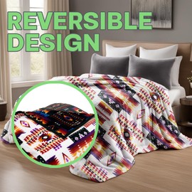 Sacred Thread Fleece Blanket 79"x95" South Western Blankets Reversible Mexican Blankets Vibrant Aztec Blankets and Throws for Aztec Decor Home Native American Throw Blanket Flannel White Queen
