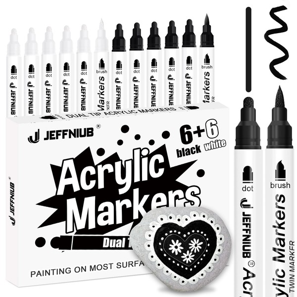 JEFFNIUB Acrylic Pens Black White Waterproof 12 Pieces Acrylic Pens for Stones Waterproof Brush Tip Dual, Acrylic Pens for Wood, Metal, Glass, Fabric Multimarkers