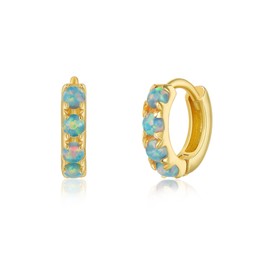 Tiny Mini Opal Huggie Hoop Earrings Upper Ear Cartilage Helix 18k Gold Plated Minimalist Simple Small 6mm Green opal Hoop Earrings