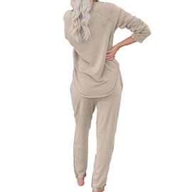 Bunanphy Womens Lounge Wear Pullover Pajamas Long Sleeve Plain PJ Sets Ladies Loung Wear Casual Sleepwear with Pockets Khaki A Medium