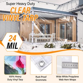 24 Mil Clear Tarps Heavy Duty Waterproof,Clear Tarp 8x10 FT,Tear-Resistant,Anti-UV,Cold Weather Resistan,PVC Clear Vinyl Tarp with Grommets for Covering Patio Henhouse Porch Canopy Plant Camping