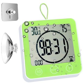 Waterproof Hanging Wall Clock Shower Timer, Large Digital Bathroom Alarm Clock for Kids, Big Visual Kitchen Cooking Countdown Timer, Bath Temperature Humidity Meter Mirror Suction Cup Timer (Green)