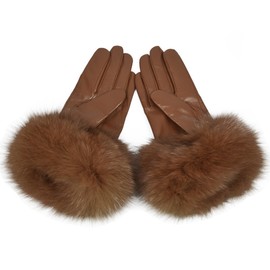 Yosang Women Genuine Lambskin Leather Winter Gloves with Fox Fur Trim Coffee Large