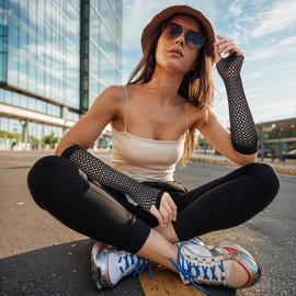 LIQWEI 3 Pairs Fingerless Mesh Fishnet Gloves, Black Fishnet Arm Sleeves Lace Gloves, Long Arm Fishnets Scene Clothes for Party Cosplay Costume Accessories