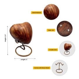 Wooden Heart Urn Keepsake Cremation Urn for Human pet Ashes Handcrafted Urn Heart Shaped - Perfect for Adults & Infants with brass Stand 3inch (Wooden Urn)