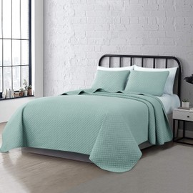Chezmoi Collection Avon 3-Piece 100% Cotton Quilt Set King Size, Aqua - Lightweight Soft-Finished Pre-Washed Cotton Diamond Stitch Quilted Bedspread for All Season
