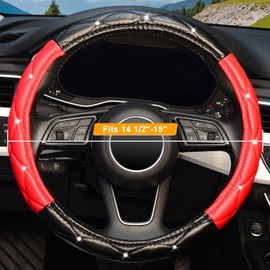 KAFEEK Diamond Soft Leather Steering Wheel Cover with Bling Bling Crystal Rhinestones, Universal 15 inch, Black Red