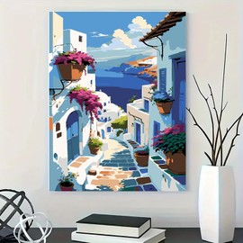 Paint by Numbers Kit for Adults Beginner, Blue Seaside Town Adult Paint by Number Kits on Canvas, DIY Acrylic Watercolor Oil Paint by Number for Adults for Home Decor Gift 16x20 Inch