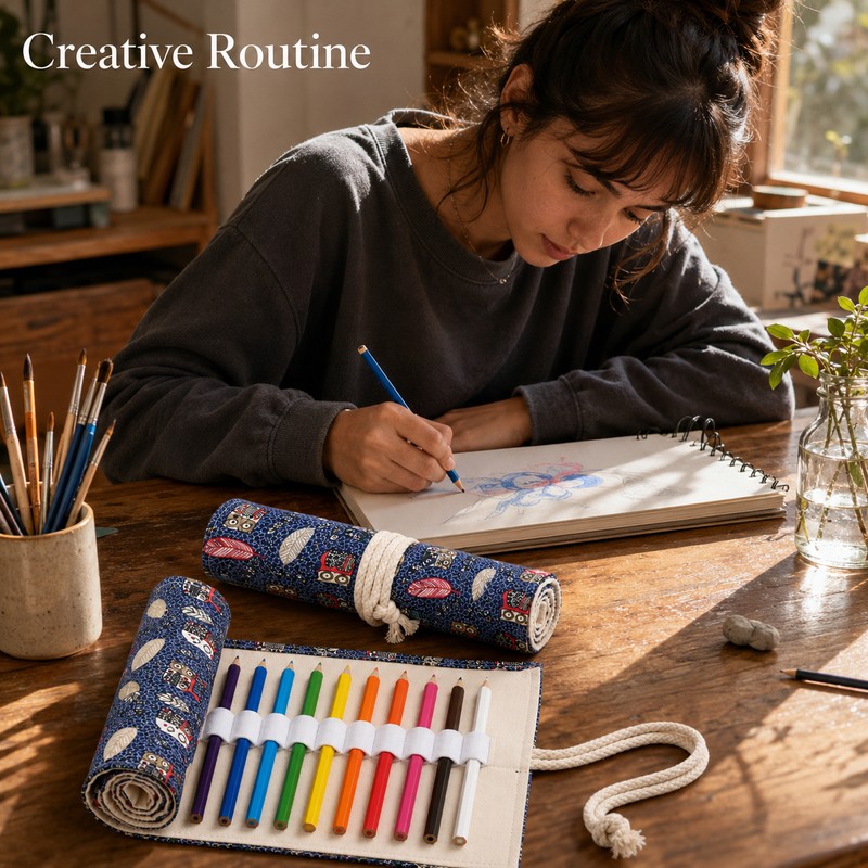12-Slot Canvas Roll Up Pencil Case with Assorted Designs -