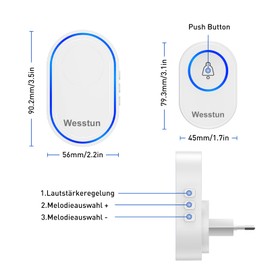 Wesstun Wireless Doorbell with 39 Loud Melodies & 5 Volume Levels, Doorbell with Long Range, IP67 Outdoor Waterproof Front Door Bell, Easy Installation at Home, White