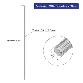 QUARKZMAN Pack of 8 Fully Threaded Spindles, M3 x 150 mm, 304 Stainless Steel, Right-Hand Thread Rod Pins, M3-0.5 Thread Pitch for Furniture and Machine Assembly