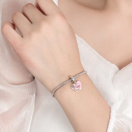 Dankadi 925 Sterling Silver Bracelet Women Lobster Clasp Snake Chain Pink Heart Bangle 6.3 "6.7" 7 "7.5" 8 "8.5" 9" Charm Jewelry Gift For Wife Her (Silver, 9 inches)