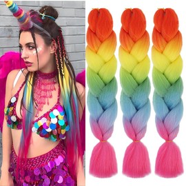 Rainbow Colours Synthetic Hair for Braiding 24 Inch 3 Packs Easy Jumbo Braid Pre-Stretched Extensions Hair for Braiding Braids Braids Extensions Braids Extensions