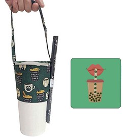 Portable Beverage Cup Foldable Holder Carrier, Tainada Reusable Drink Sleeve Handle Carry Strap for Coffee, Bubble Tea, Hot & Cold Drink with Integrated Straw Holder (Coffee Pattern Green)