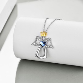 VONALA Guardian Angel Pendant Necklace Sterling Silver 925 Angel with Heart Crystal Chain Jewellery Birthday Gifts for Women Teenager Girls Daughter Wife, Sterling Silver, Crystal