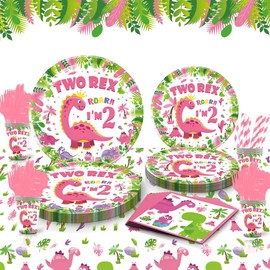 Girl Dinosaur Birthday Party Supplies for 2 Year Old Girl, 202 Pcs Two Rex Pink Dinosaur Dino Party Decorations for Girls - Table Cover, Plates, Cups, Napkins, Utensils, Serves 25 Guests