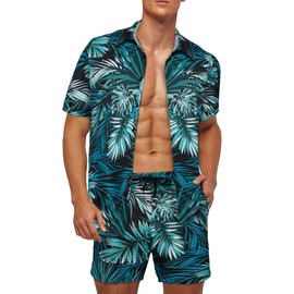 Wirltte Mens Hawaiian Shirt and Shorts Set Tropical Floral Print 2 Piece Outfits Blue Green M