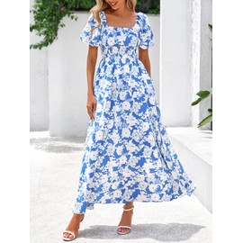 BTFBM Womens Summer 2025 Casual Maxi Dresses Short Sleeve Smocked Tiered Floral Boho Long Beach Dress with Pockets(Floral Blue White,Large)