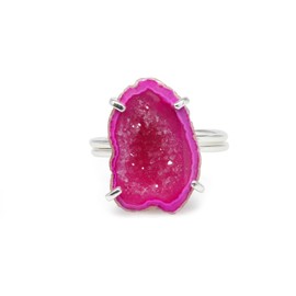 Dazzle Appeal Geode agate quartz druzy tiny gold and silver adjustable handmade rings for women stone size approximately 15-20mm (Pink, Silver Plated Brass)