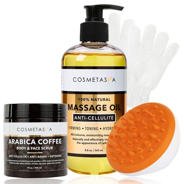Cellulite Massage Oil, Coffee Scrub, Massager & Glove - Arabica Coffee Body & Face Scrub Exfoliating Glove & Mitt (8.8 oz)