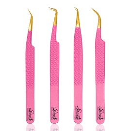 SIVOTE Pinzas De Pestañas Con Punta De Fibra Para Extensiones De Pestañas Con Agarre De Diamante, Juego De 4, Rosa