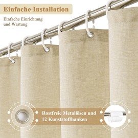 EurCross Extra Length Linen Textured Shower Curtain, 180 x 220 cm, Beige Textile Fabric, Waterproof Shower Curtains, 220 Length, Heavy Hotel, Luxury, Anti-Mould, Washable Bath Curtain with 12 Rings
