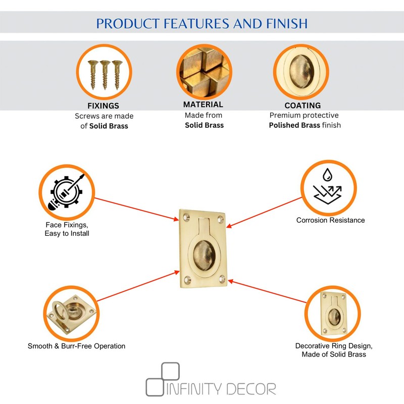 Infinity Decor Polished Brass Square Flush Pull Ring Handle 60mm