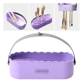 Sonnorel Makeup Brush Cleaning Tool with Drying Holder Mat, Makeup Sponge Cleaner Brushes Organizer Storage Box (Purple)