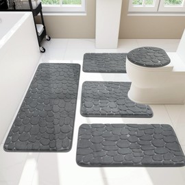YIHOUSE 5 Piece Cobblestone Memory Foam Bath Mats, Extra Thick Non Slip Mats for Tub, Toilet and Floor, Water Absorbent, Washable Dark Grey Rugs