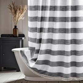 Seenus Boho Farmhouse Shower Curtain with Tassels, 350GSM Cotton Linen Fabric Shower Curtain Heavyweight for Rustic Bathroom, Vintage Black and White Striped Bath Curtain 72 x 72 Inch