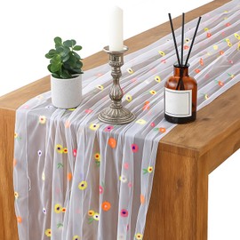 Champagne Embroidery Daisy Spring Summer Table Runner, Floral Table Runner 120 Inch Rustic Boho Tables Decor Sheer Chiffon Tables Runners Holiday Kitchen Dining TableDecoration for Home Party Indoor