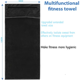 Fitness Towel, 135 x 50 cm, Sports Towel, Suitable for Fitness Training and Sports, Microfibre, Absorbent and Soft Gym Towels, with Zip Pocket (1, Black)