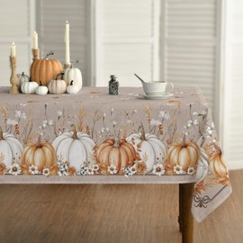 Horaldaily Fall Tablecloth 60×120 Inch Rectangular, White Orange Pumpkin Autumn Harvest Grain Washable Seasonal Table Cover for Party Picnic Dinner Decor