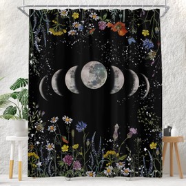 EOVDSFW Moon Witchy Shower Curtain for Bathroom Set Celestial Gothic Space Goth Star Black Flower Floral Colorful Bath Curtain 72 x 84 Inch Decorative Polyester Fabric Cloth Waterproof Decor