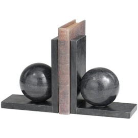 Deco 79 Marble Geometric Sleek Orb Bookends with L- Shaped Bases, Set of 2 6" W, 7" H, Black