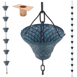 [Upgraded] 8.5FT Sky Blue Iron(Both-Sided) Rain Chains for Gutter and Rain Barrel | Rust-Resistant Plated Garden Décor Rain Chain for Downspout | W/Rain Chain Gutter Adapter | Earrings for House