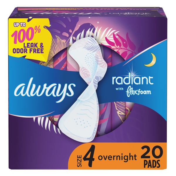 Always Radiant Pads, Size 4, Overnight Absorbency, Scented, 20 Count(Pack of 1)