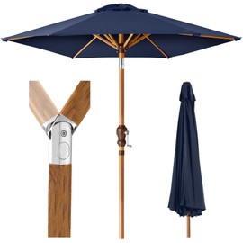 Best Choice Products 10ft Market Umbrella, Outdoor Sun Shade for Backyard, Deck, Poolside, Table w/Woodgrain Pattern, Easy Tilt & Crank - Navy Blue