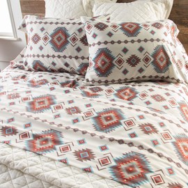 Southwest Diamond (Sheet Set) - Turquoise Red Brown Cream-Queen Sheet Set (1) 60" W x 80" L x 10" H Fitted Sheet, (1) 90" W x 104" L Flat Sheet, (2) 20" W x 30" L Pillow Cases.