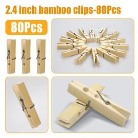 GZXUNFA Natural Bamboo Clothespins 80-Pack Wooden Clothes Pins with Spring, 2.4 Inch Heavy Duty Rust Resistant Clips for Laundry, Crafts, Kitchen & Home Organization