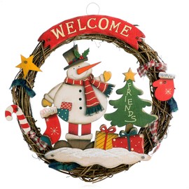 com-four® Christmas wreath braided - Door wreath WELCOME for Christmas - Christmas decoration to hang - Wooden wreath approx. Ø 31 cm (Snowman - L)