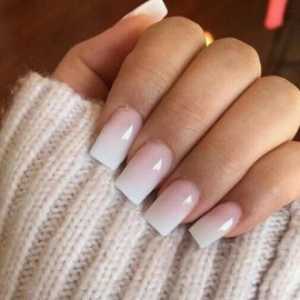 KQueenest Ombre Press on Nails Short Medium Square, French Tip False Nails Short Coffin, Gradient White Pink Fake Nails Press ons, Perfectly Fit, Reusable Gel Stick on Nail for Women Daily Wear 24 Pcs