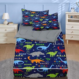 Nesker Zipper Bedding Twin Cartoon Dinosaur Zip Up Bedding Set for Boys and Kids, Wildlife Animal 3 Pcs Comforter Bed in a Bag with Fitted Sheet and 2 Pcs Pillowcases