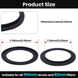Metal Step Up Ring Filter Adapter - 82mm to 105mm - Metal Ring Step Up Rings Adapter Filter Compatible with All 105mm UV, CPL, ND, Lens Hood, Threaded Lens ect