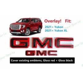 Auto GMC OVERLAY Front Rear Gloss Red Black GMC Emblems Fit 2021+ Yukon Yukon XL