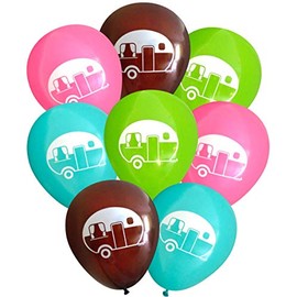 Camper RV Trailer Latex Balloons (16 pcs) by Nerdy Words (Pink, Aqua, Lime & Dark Brown)