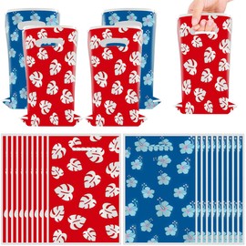 YTHKJS 60Pcs Red Blue Hawaii Party Candy Bag rint Tropical Leaf and Hibiscus Print Gifts Pouch Hawaiian Party Favor Bags