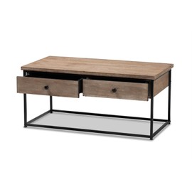 Baxton Studio Roderick Modern and Contemporary Weathered Oak Finished Wood and Black Metal 2-Drawer Coffee Table