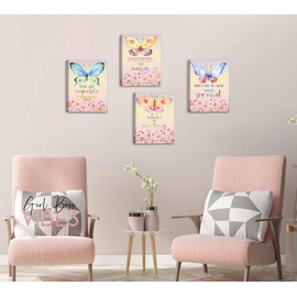 DXOAGXQ Watercolor Butterfly Inspirational Quote Wall Art, Set of 4 (8x10 In, Framed Canvas Prints), Modern Butterfly Wall Art for Bedroom, Living Room, Office